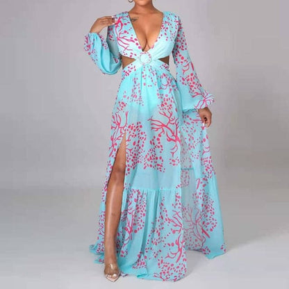 DressBetty - Sexy V-Neck Backless Hollow Out Dress Summer Dress Women Lantern Sleeve Club Party Long Maxi Dresses Tunic Beach Cover Up