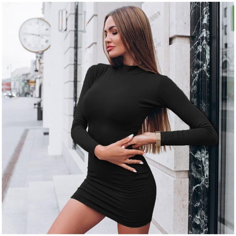 DressBetty - Sexy Solid Color Turtleneck Skinny Mini Dress