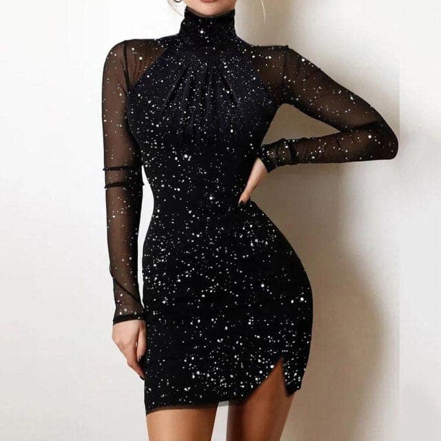 DressBetty - Women's Mesh Sleeve Long Sleeve A-line Mini Dresses