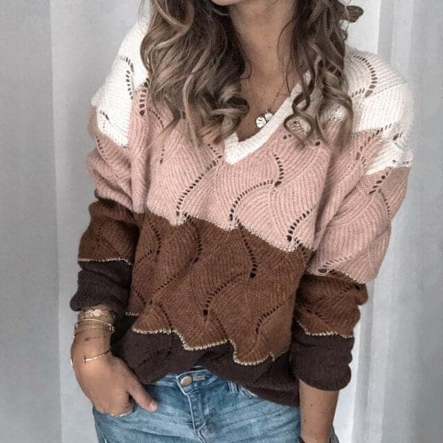 DressBetty - Women Color Block Stripe V-Neck Sweater Long Sleeve Knit Pullover Women FallWinter Fashion Sweatshirt Top Sweater Tops