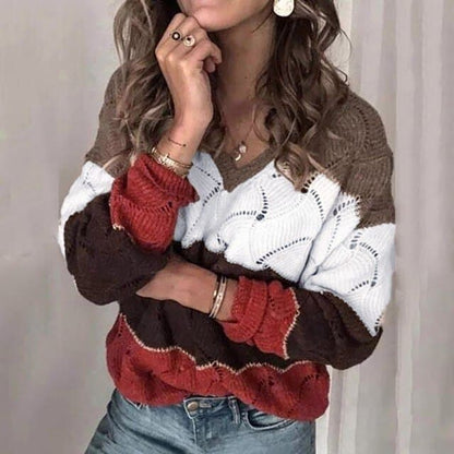DressBetty - Women Color Block Stripe V-Neck Sweater Long Sleeve Knit Pullover Women FallWinter Fashion Sweatshirt Top Sweater Tops