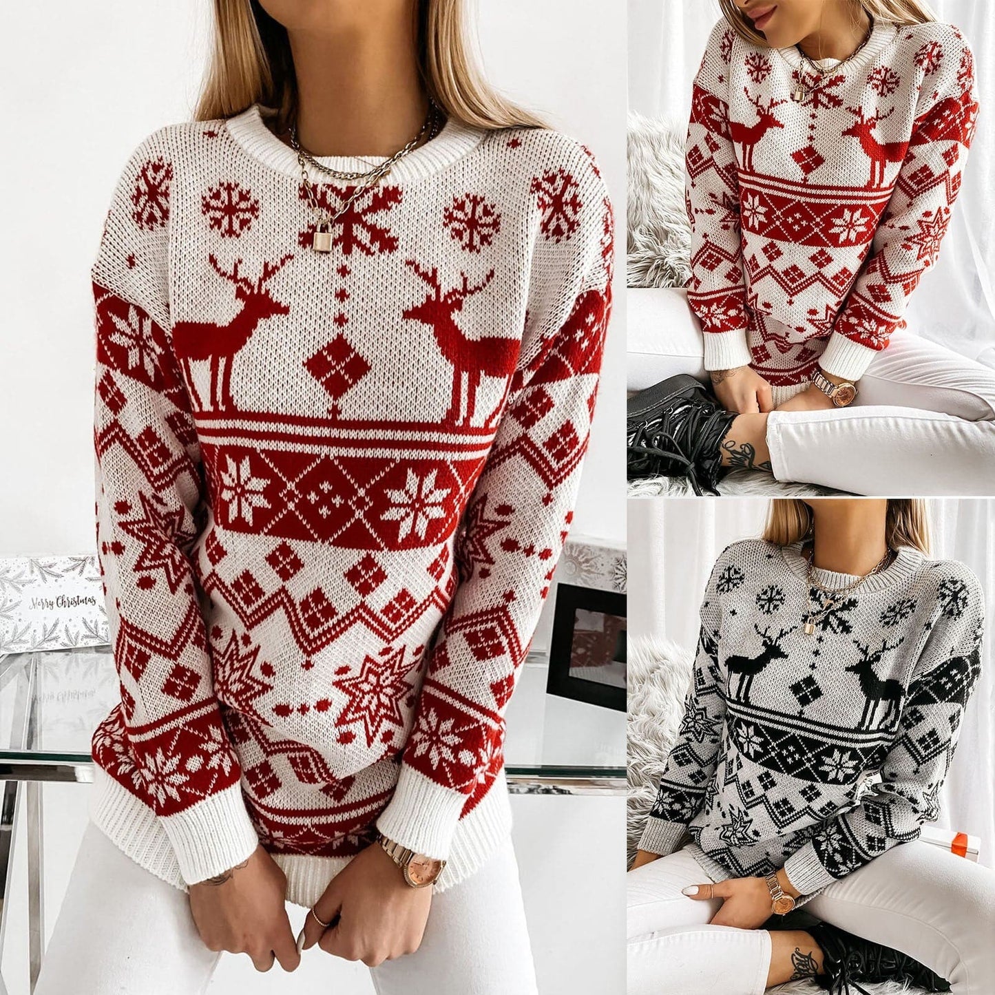 DressBetty - Women AutumnWinter Printed Sweater O-Neck Snowflake Christmas Top Christmas Pullover Knitted Top Shirt