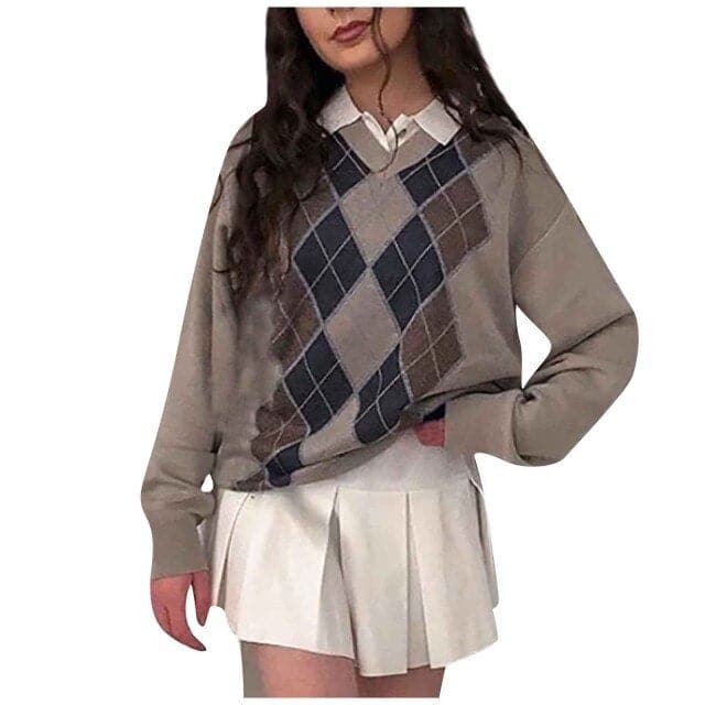 DressBetty - Women Fashion Preppy Diamond Plaid Printed Knitted Sweater