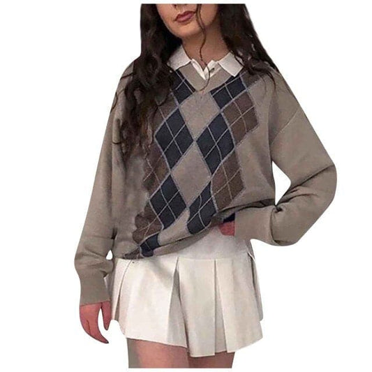 DressBetty - Women Fashion Preppy Diamond Plaid Printed Knitted Sweater