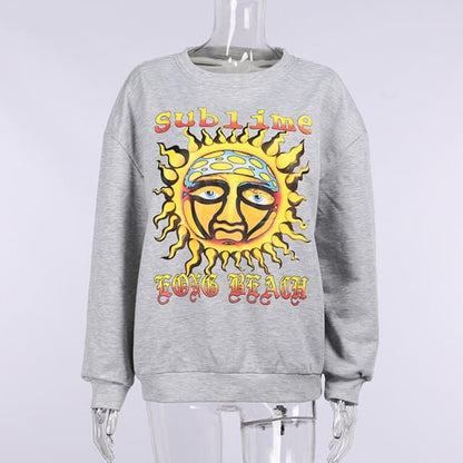 DressBetty - Oversized Hoodies Women Sun Printed Thin Vintage Pullovers O Neck Casual Y2K Streetwear Autumn Outfits Fashion Sweatshirt