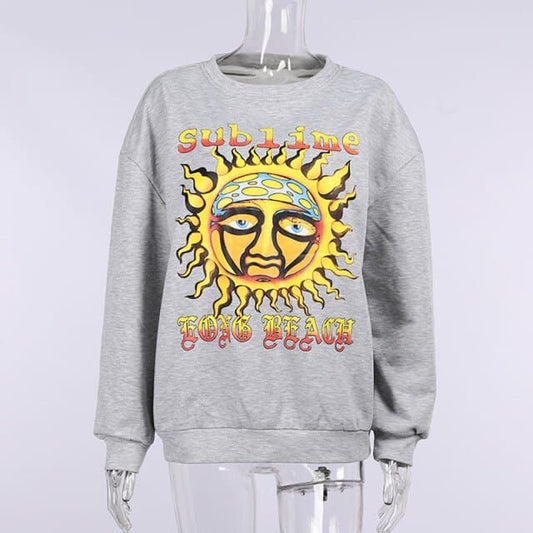 DressBetty - Oversized Hoodies Women Sun Printed Thin Vintage Pullovers O Neck Casual Y2K Streetwear Autumn Outfits Fashion Sweatshirt