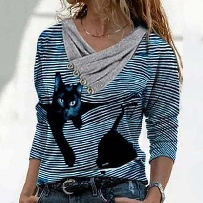 DressBetty - Women Tunic Vintage Casual Tops Cross V-neck Buttons Printing Long Sleeve Sweaters Top Summer Female T-shirt Female Clothing