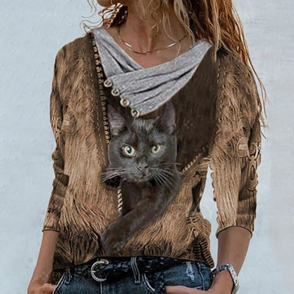 DressBetty - Women Tunic Vintage Casual Tops Cross V-neck Buttons Printing Long Sleeve Sweaters Top Summer Female T-shirt Female Clothing