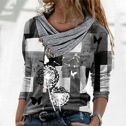 DressBetty - Women Tunic Vintage Casual Tops Cross V-neck Buttons Printing Long Sleeve Sweaters Top Summer Female T-shirt Female Clothing