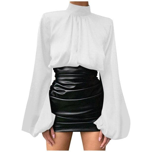DressBetty - Sexy Women Solid Color Satin O-Neck Loose Fold Puff Long Sleeve Office Shirt Sexy Casual Vintage Blouse Tops