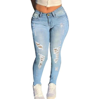 DressBetty - Women's Ripped Jeans High Waist Stretch Skinny Denim Trousers Blue Retro Washed Fashion Sexy Elastic Slim Pencil Pants