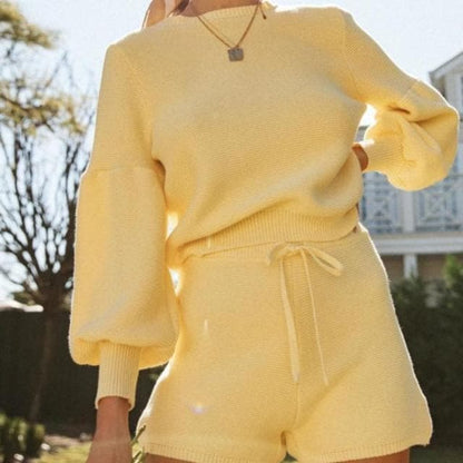DressBetty - Women 2 Pieces Sweater Set Pullover and Shorts Fashion Sport Wear O-Neck Tops High Waist 2 Piece