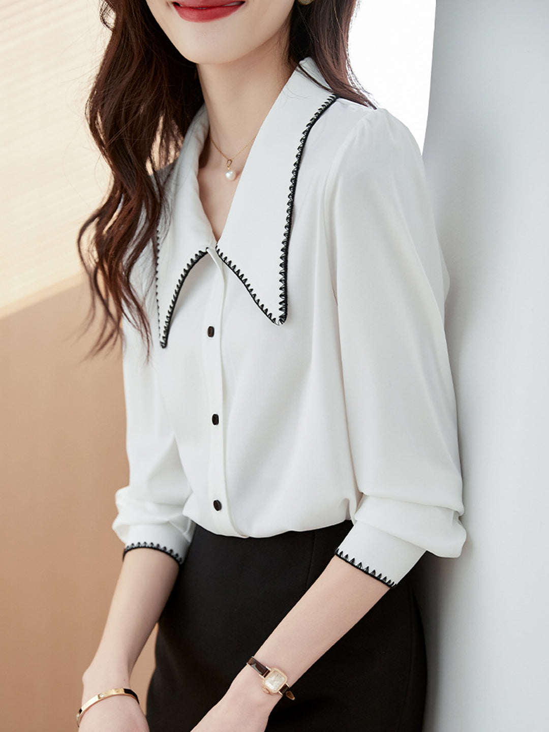 Elva Casual Doll Collar Blouse-Black