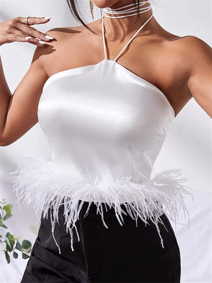 DressBetty - Feather Trim Halter Crop Top