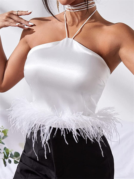 DressBetty - Feather Trim Halter Crop Top