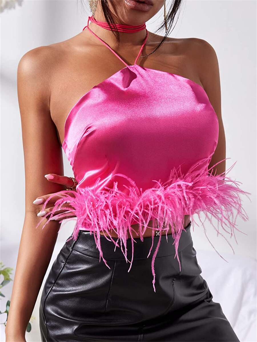 DressBetty - Feather Trim Halter Crop Top