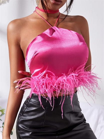 DressBetty - Feather Trim Halter Crop Top