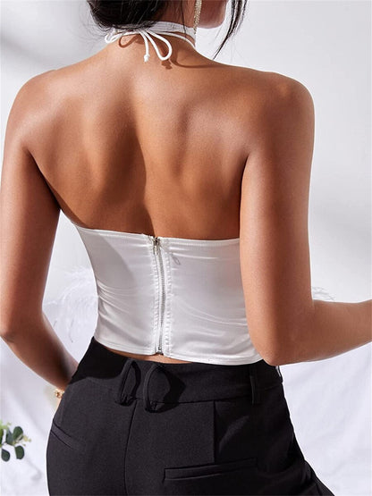 DressBetty - Feather Trim Halter Crop Top