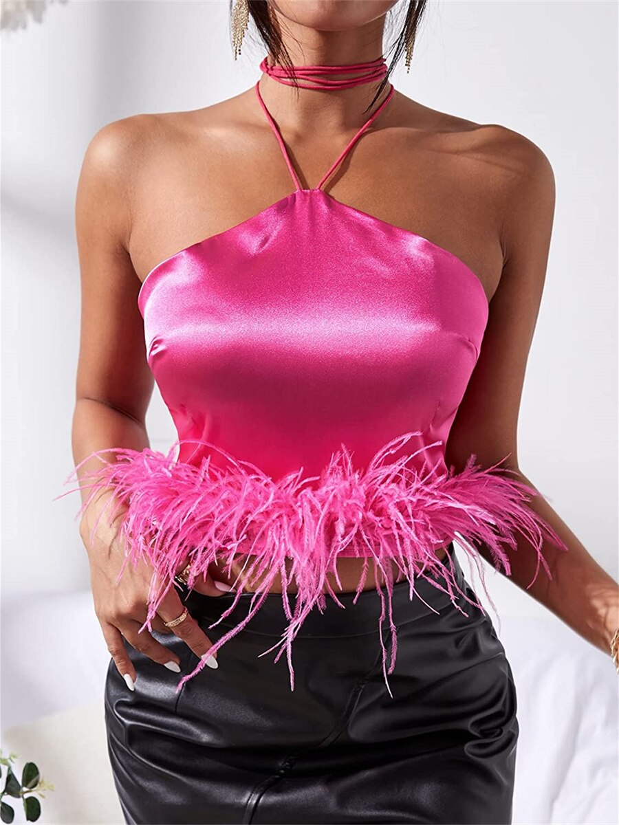 DressBetty - Feather Trim Halter Crop Top