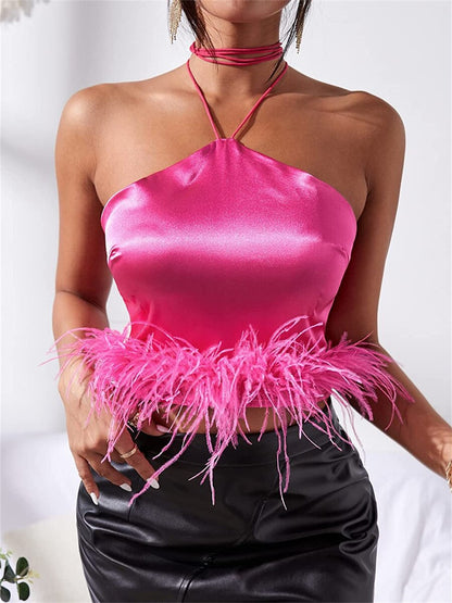 DressBetty - Feather Trim Halter Crop Top